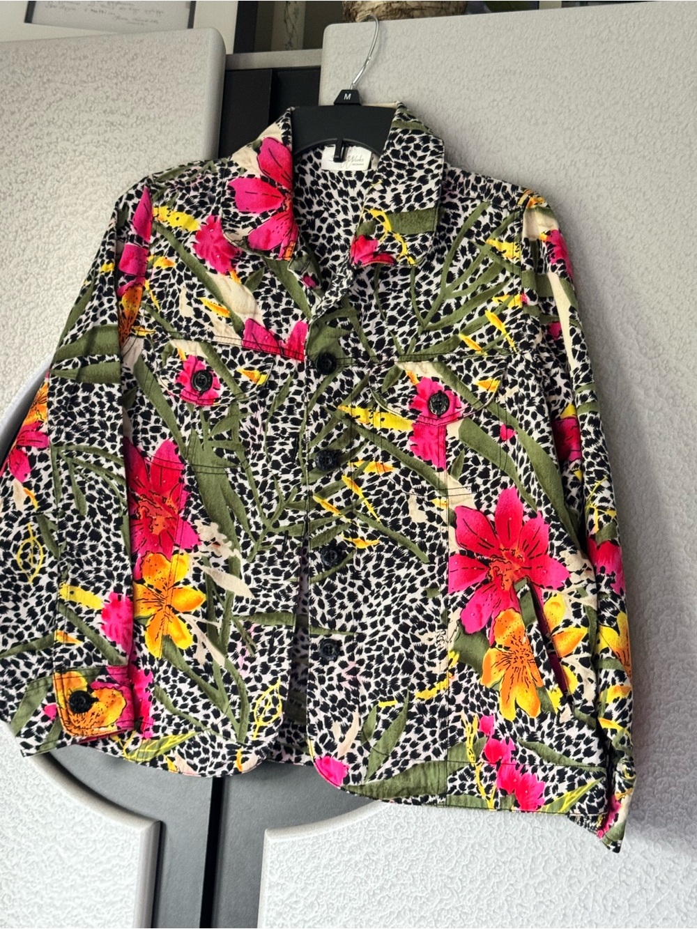 Studio Works Floral Jean Jacket in Black with Hot Pink & Yellow Accents